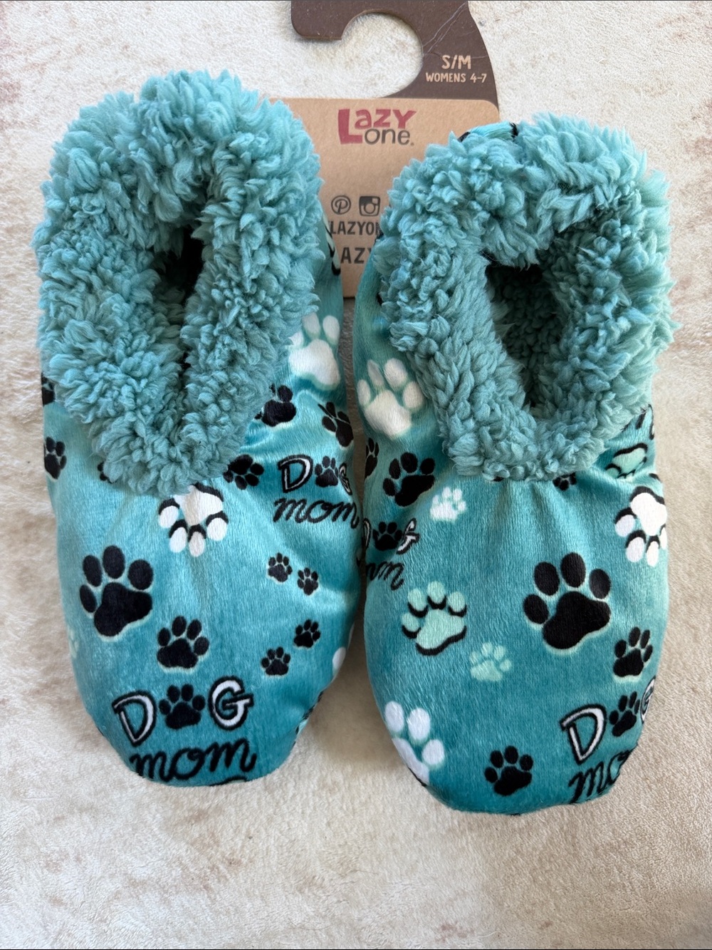Lazy One Teal Dog Mom Plush Slippers with Paw Print